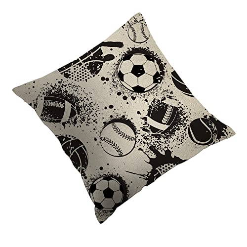 Mxocom Black White Balls Throw Pillow Case Cushion Cover Football Basketball Baseball Volleyball Soccer Sport Game Dark Abstract Ink Color Boys Cotton Linen For Couch Bed Sofa Car Waist 18 X 18 Inch #TOP4