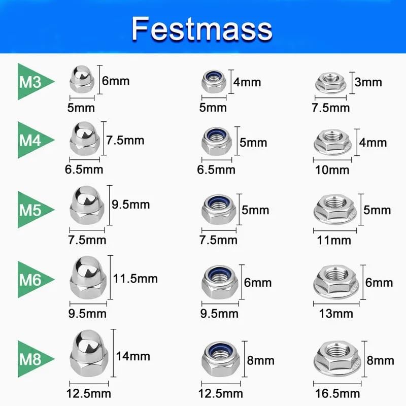 Juego de 385 tuercas hexagonales con brida M3 M4 M5 M6 M8, tuercas ciegas de acero inoxidable 304 con inserto de nylon y tuerca autoblocante.