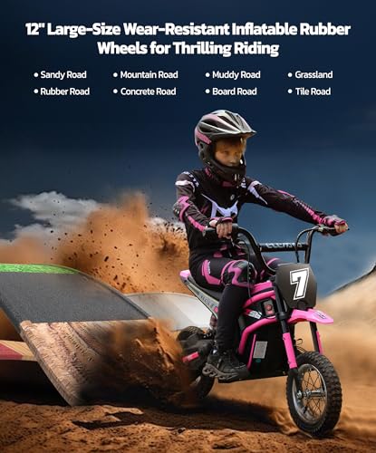 Image of ELEMARA Electric Dirt Bike,350W Motorcycle 24V Ride on Toy for Big Kids w /LED Power Display,15.5 mph & 150lb Max,3 Speeds,Chain-Driven Motor,Twist-Grip Throttle & Brake Lever,12 inch Air-Filled Tires-Pink