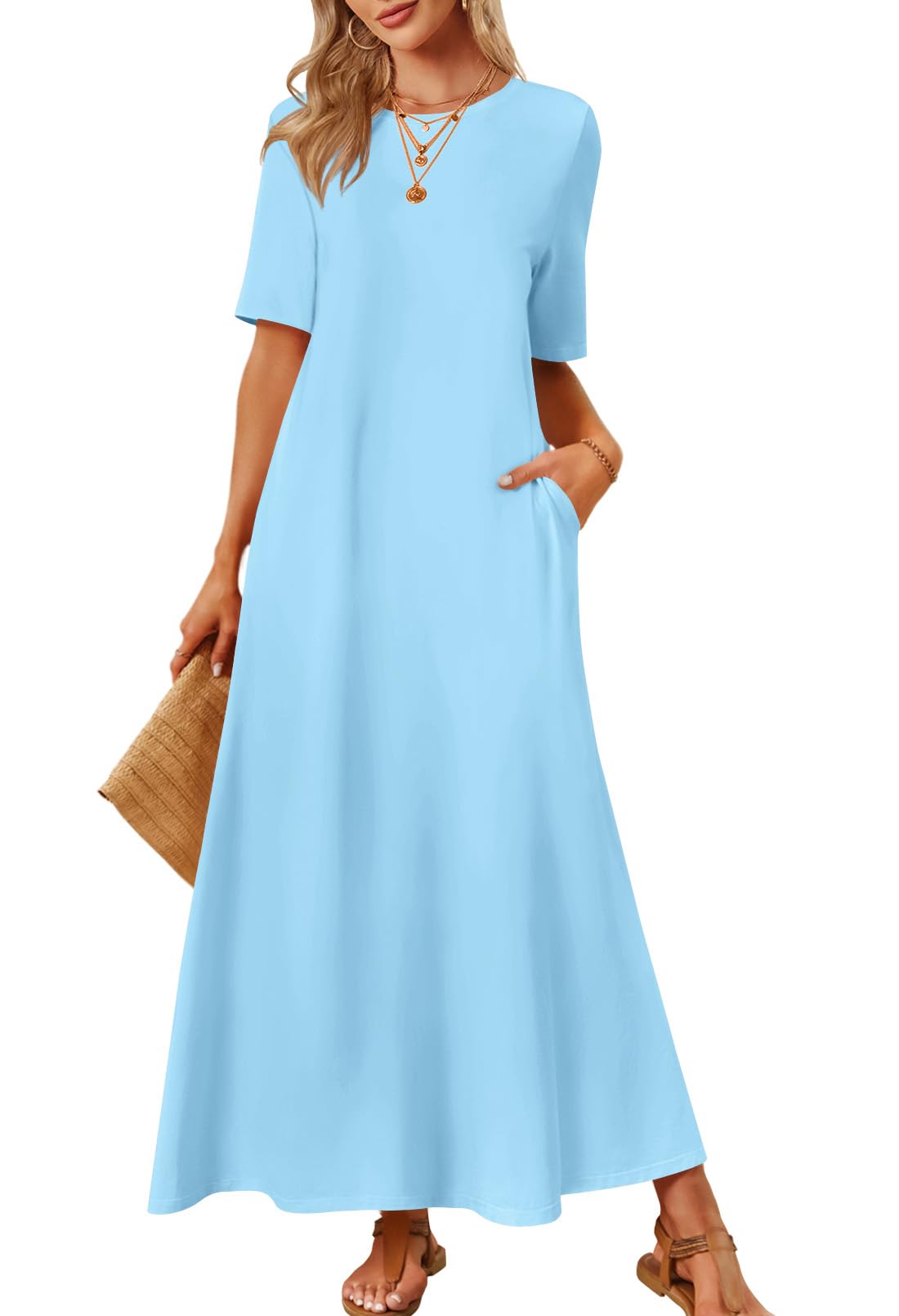 MEROKEETY Summer Spring Maxi Dresses for Women 2026 Beach Vacation Casual Short Sleeve Long T Shirt Sundress with Pockets