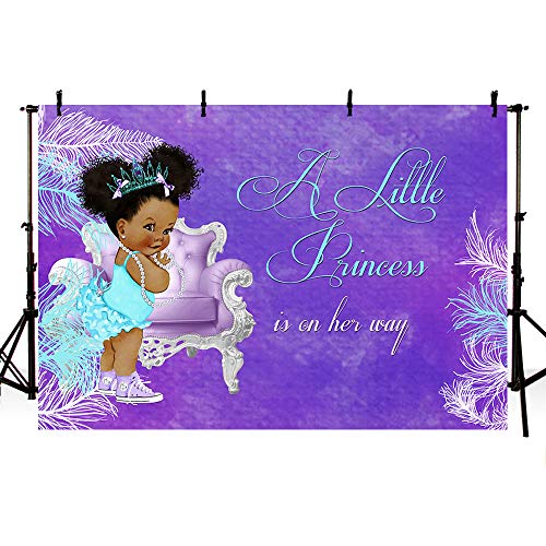 MEHOFOTO Purple and Turquoise Princess Baby Shower Photo Studio Booth Background Feather Little Princess Girl Baby Shower Party Decorations Photography Backdrops Banner for Dessert Table 7x5ft