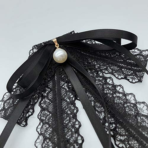 Image of Lace Ribbon Bow Tie Brooch Rhinestone Pearl Necktie for Girl Women Fashion jabot collar brooch pins Pre-Tied Corsage