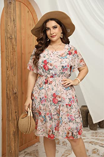 Hbeyyto Women Plus Size Dress Short Ruffle Sleeve Square Neck Chiffon Floral High Waist Flowy Maternity Dresses 2X Apricot #TOP5