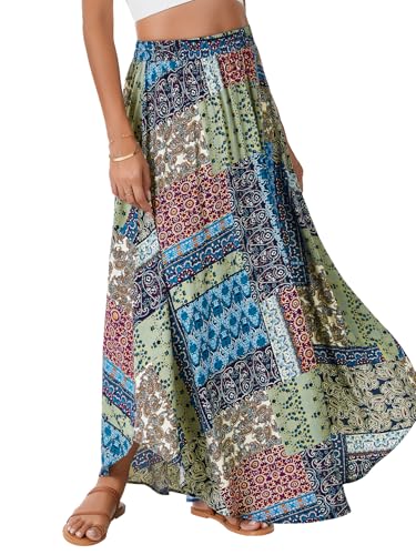 Rooscier Women's Asymmetric Floral Print Ruffle A Line Elastic Waist Boho Flowy Maxi Skirt4