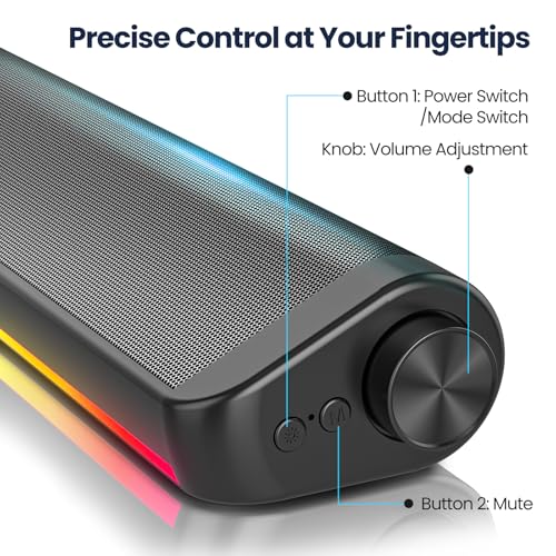 Image of Tylubio Computer Speakers for Desktop, HiFi Stereo PC Soundbar with Dynamic RGB Lighting, USB & Type-C Plug&Play, Volume Control Knob, Wired Speakers for Gaming, Laptop, Monitor, Office Black