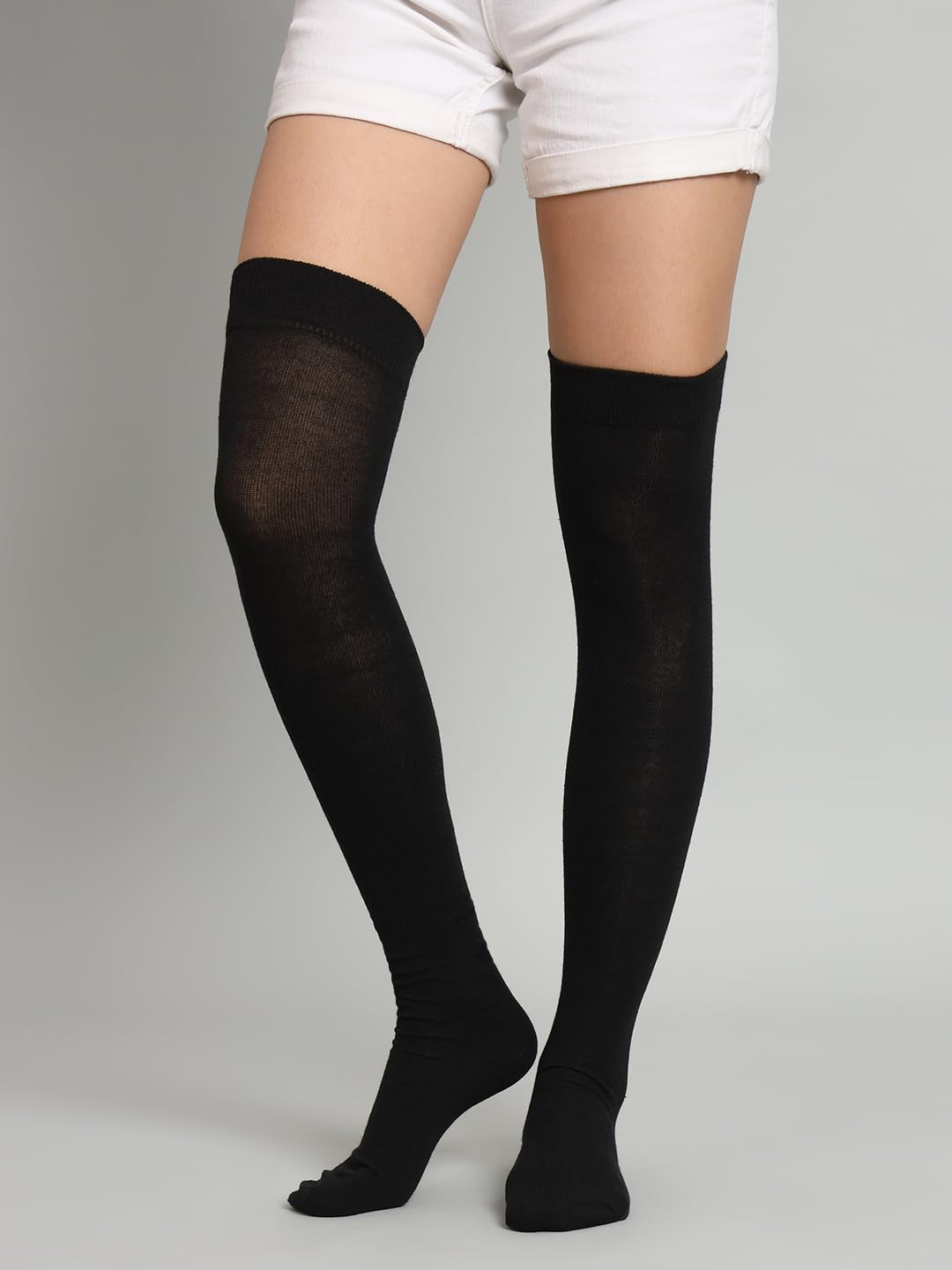 TRAZO Women's Spandex Thigh High Socks Over The Knee High Knitted Casual Boot Socks, Stiped Long Fashionable Stockings Pack Of 2, Black, Light Grey 1