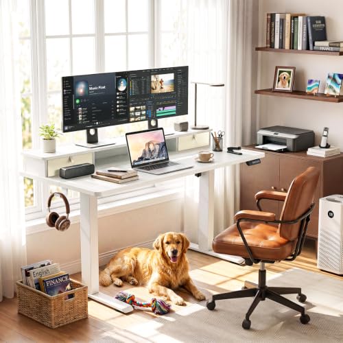 Image of Veken 55x26 in Electric Standing Desk with Drawers, Adjustable Table, White | Stand up Computer Desk for Home Office, Work & Study, with Storage, 3 Memory Presets, Cable Organizer, Hook, and Quiet Lift.