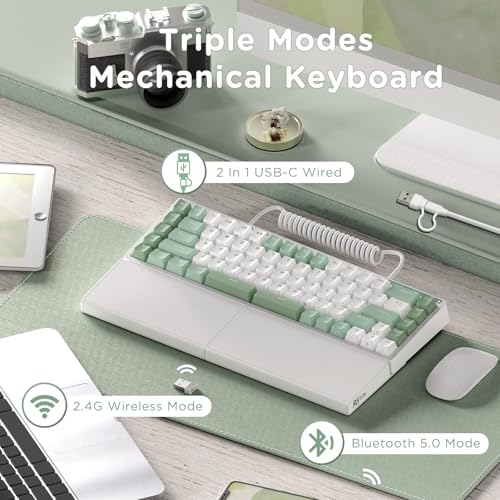 Image of RK ROYAL KLUDGE S70 Ergonomic Split Keyboard, Linear Switch White | Wireless RGB Mechanical Keyboard with Bluetooth /2.4G /USB, 75% Hot Swappable Gaming Keyboards w /Fixed Wrist Rest, PBT Keycaps