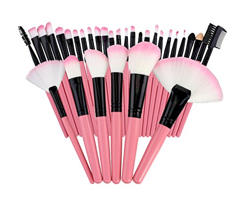 33 Piece Makeup Brush Set Featuring 33 Different Brushes with Wooden Handles and Natural Synthetic Fibers Includes a Roll-up Carrying Pouch