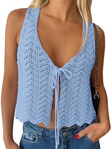 Image of LILLUSORY Crochet Tops for Women Summer Vacation Outfits Beach Coverup Going Out Tie Front Spring Sweater Vest 2026 Fashion