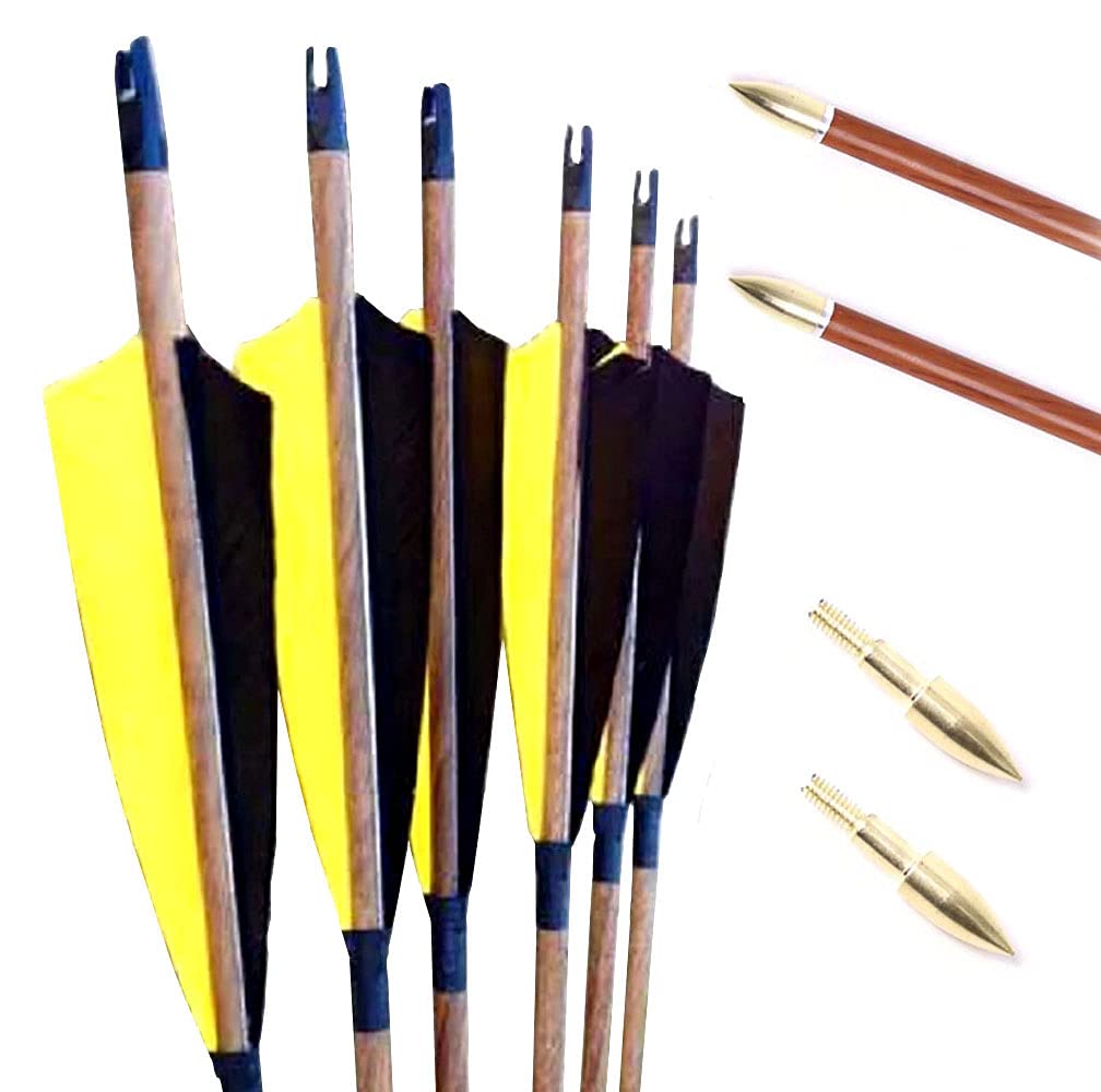 ACCMOS Spine 700 Carbon Arrow 32 inch Wood Color Carbon Shaft 5 "Colored Turkey Feather ID 6.2 mm Hunting Arrow, for Longbow Recurve Bow Compound Bow Archery (Yellow black, Spine 700)