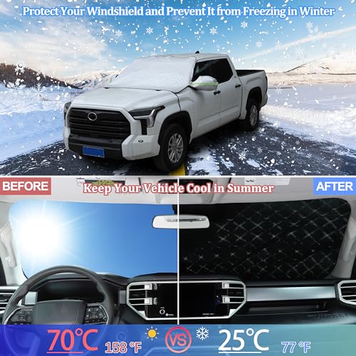 Image of Windshield Snow Cover Compatible with Toyota Tundra 2007-2024, Car Snow Cover, Front Windshield Sunshade, Exterior Windscreen Sun Shade, UV-Rays Sun Ice Snow Frost Protector, 4-Layer Windshield Cover