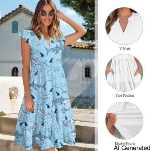 Image of Womens Summer Dress Ruffle Sleeve V Neck Dress Casual Fit Flowy Beach Vacation Sundress with Pocket S-2XL