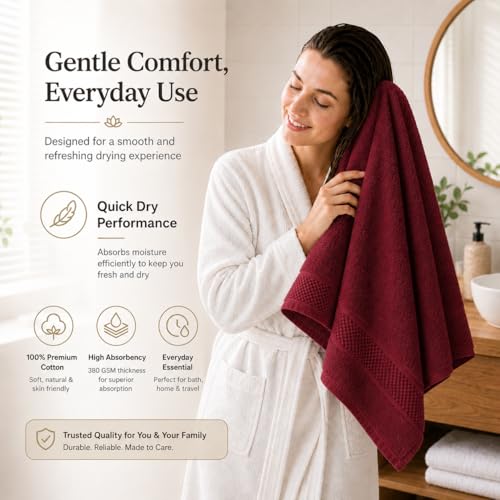 Image of 100% Pure Cotton Bath Towel for Men & Women | 380 GSM Ultra Soft, Highly Absorbent & Quick Dry Bath Towel | Large 55 x 28 Inch Matty Terry Towel for Bathroom, Gym, Travel & Daily Use | Wine