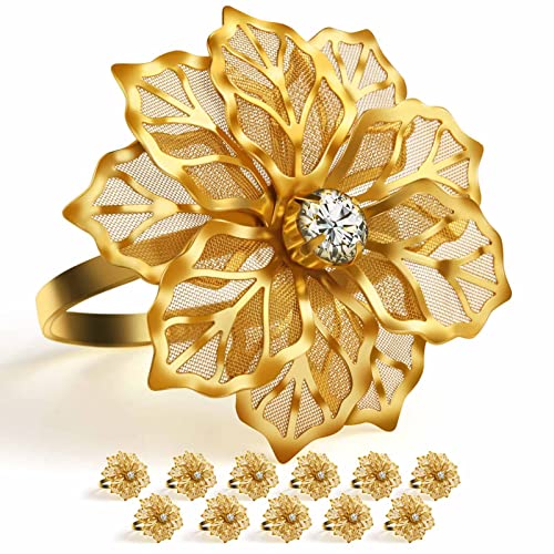 Urwoow TQY084 12 Pack Flower Napkin Rings Holders Clear Rhinestone Décor Dinner Party Wedding Christmas Gathering cover