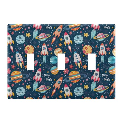 Light Switch Cover Space Rocket Planet Galaxy Wall Plates for Electrical Outlets 3 Gang 202b5410