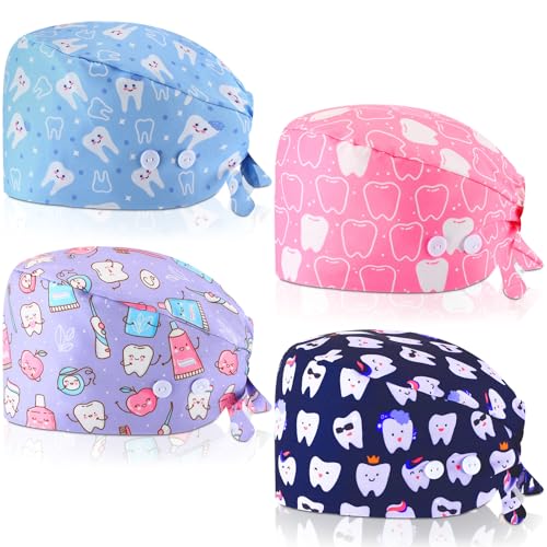 Image of Unittype 4 Pcs Nurse Caps for Women Nursing Working Caps with Button and Sweatband Adjustable Elastic Scrub Hats for Dentist