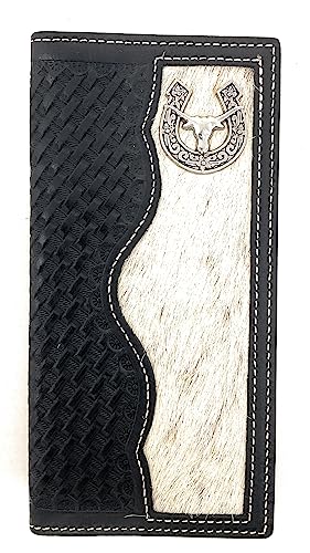 Western Tooled Genuine Leather Cowhide Cow fur longhorn Men's Long Bifold Wallet in 2 colors (Black)