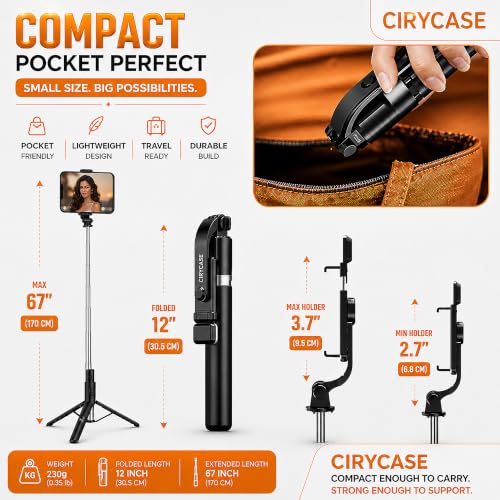 Image of CIRYCASE Selfie Stick Tripod with Light, 67 inch /170CM Reinforced Tripod for Mobile Phone, Multi-Functional Bluetooth Long Selfie Stick for Travel,Vlogging,Compatible with iPhone and All Smartphones