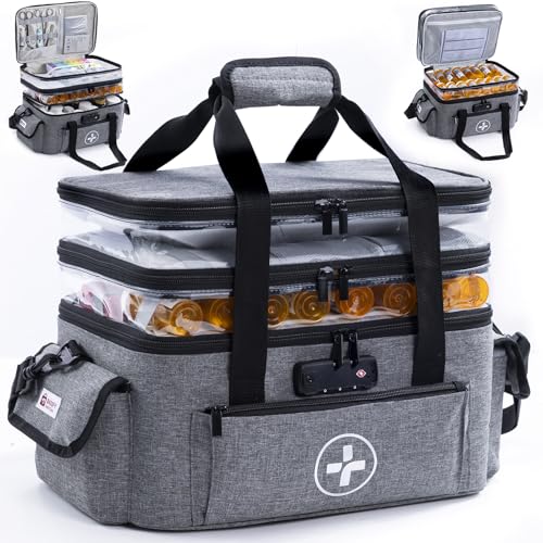 BAGSFY 3-Tier Medicine Organizer with Combination Lock – Large Medicine Bag, Empty First Aid Kit Case, Pill Bottle Medical Supply Organizer, Travel Prescription Bag, Medication Storage Container