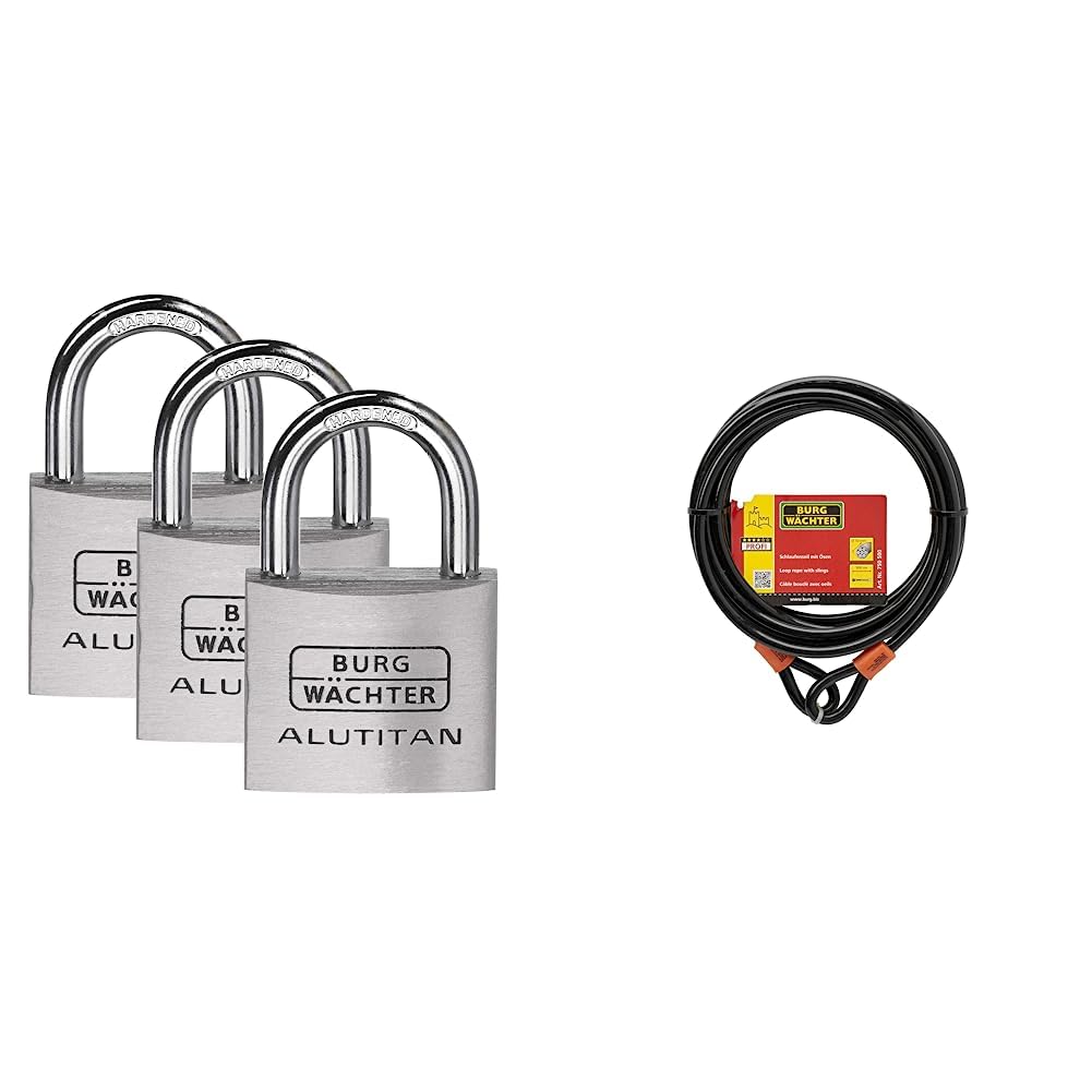 BURG-WÄCHTER 3er-Set Vorhängeschloss mit Schlüssel, Gleichschließend & Sicherheitskabel mit Ösen, Ummanteltes Stahlseil
