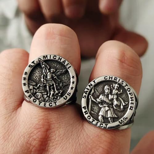 The Great Protector Archangel St. Michael Round Signet Ring for Men Punk Rock Vintage Retro Stainless Steel Patron Saint Michael Cross Religious Protection Talisman Amulet Rings Cocktail Party Jewelry3