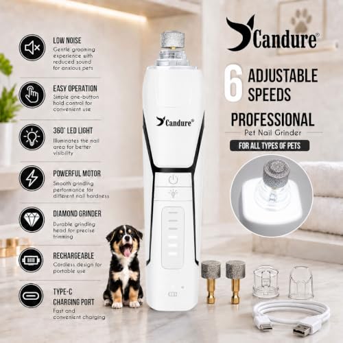 Image of Candure Whisper Quiet Dog Nail Grinder with 360 Degree LED Light, 6-Speed Rechargeable Pet Nail Trimmers with Extra Grinding Head for Safe, Stress-Free Grooming for All Pet Sizes (White)