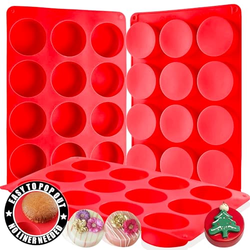 RUGVOMWM 12-Cavity Round Silicone Mold，Cake Pop Molds for Cupcake, Cake, Bread,Cheesecake, Cornbread, Brownie, Muffin, and More - Round - 3 Pack Red…