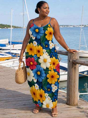 Image of SUZONANA Women Plus Size Summer Maxi Dress Spaghetti Strap Loose Sundress