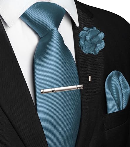 Image of JEMYGINS Formal Necktie Solid Color Tie and Pocket Square with Tie Clip Lapel Pin Sets for Men 4PCS