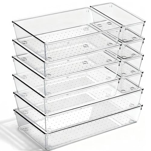 Image of 10 Pack Large Drawer Organizer Bins - Clear Plastic Bathroom Drawer Organizer Trays - Heavy Duty Kitchen Drawer Dividers for Utensils - Non-Slip Storage Bins for Makeup, Bedroom, Office Desk