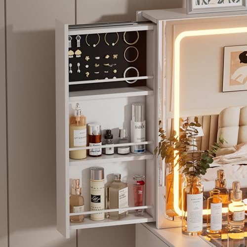 Modern Glass Top Makeup Vanity with Mirror, Lights & Charging Station & Sliding Storage, 5 Drawers, 3 Shelves, White