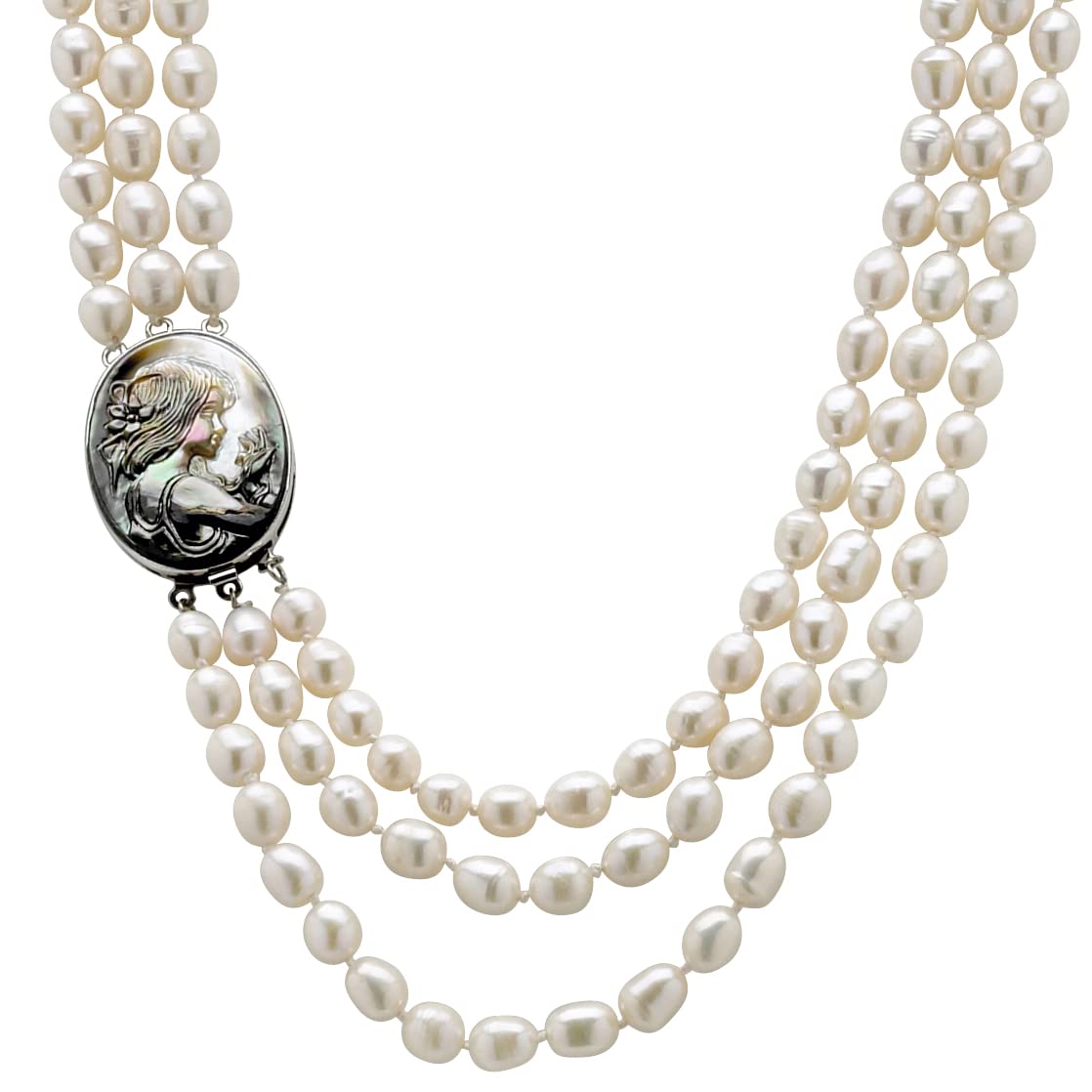 PalmBeach Jewelry Silvertone Cameo Genuine Peacock Mother of Pearl and Cultured Freshwater Pearl Multi Strand Necklace (23mm), 28 inches
