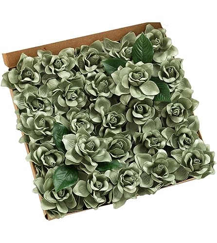 Ling's moment Flowers 25pcs Fake Gardenia Green Flowers Artificial Flowers with Stem, Fake Flower for DIY Wedding Decorations Centerpieces Bouquets Boutonnieres（Flores Artificiales para Decoracion）