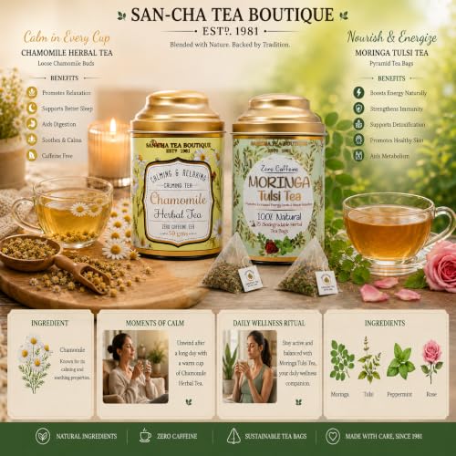 Image of Sancha Tea Boutique, Chamomile (50g) & Moringa Tulsi (25 Pyramid Bags), Caffeine-Free Herbal Tisanes, Calming & Relaxing Combo Pack