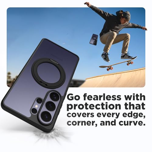 Image of RIGGEAR Shockproof Sleek Hybrid Armor 360 Rotating Magnetic Ring Stand Back Cover Case Compatible with MagSafe Accessories for Samsung Galaxy S26 Ultra (Clear PC + Black TPU Bumper)