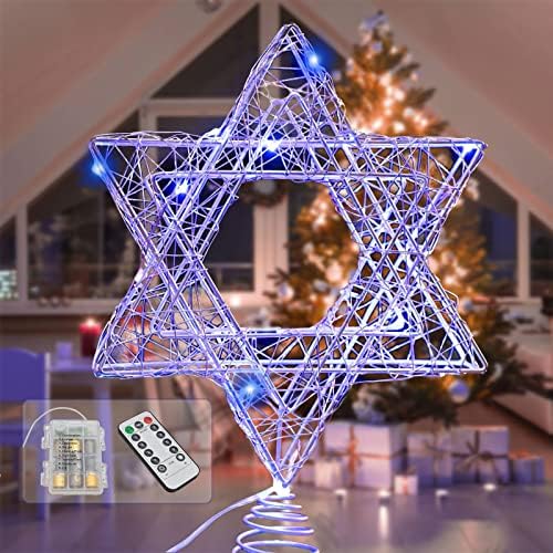 Bestpty 11 Inch Christmas Tree Star Topper 3AA Battery Powered Christmas Tree Topper Lighted, Silver Iron Christmas Tree Star Topper, 20LED Lights, with Remote for Christmas, Party & Home(Blue Light)