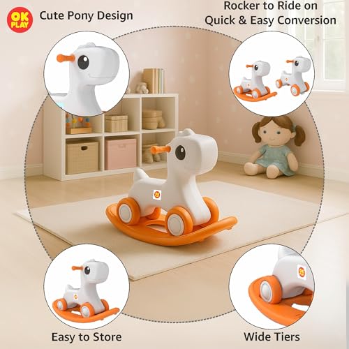 Image of OK PLAY 3 in 1 Pony Rocker Combo for Kids | Push On Ride On | Balancing Board | Backrest | Easy Grip | Anti Skid | Four Wheel | Indoors and Outdoors Games | Light-Weight | Orange & Ivory | 1 Year+