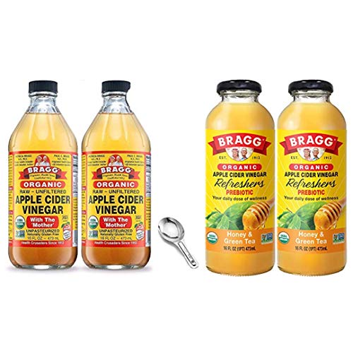 Bragg Organic Apple Cider Vinegar With the Mother 16 Oz Pack of 2 w/ Measuring Spoon and Bragg Organic Honey Green Tea Vinegar Drink 16 Oz Pack of 2 Bundle