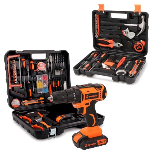 YOUGFIN 118 Pieces Power Tool Combo Kit with 20V Cordless Drill (3/8"), 2 Pack 1.5Ah Battery & Charger, 38-Piece Household Tool Set | Basic Hand Tools Kit with Toolbox