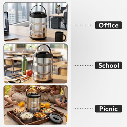 Image of Mumma's LIFE Lunch Box Steel Stainless | 4 Container Multipurpose Dishwasher Safe Tiffin Box for Office Use & School | Silver Finish Meal Carrier for Daily Use