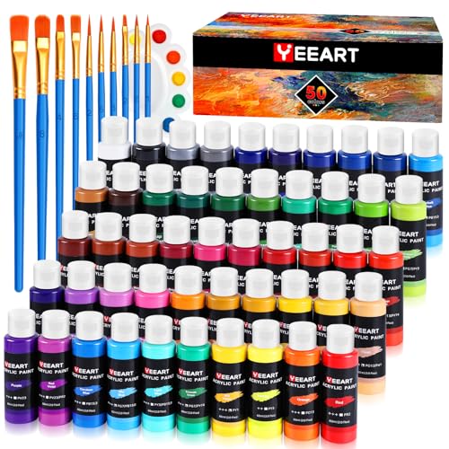 Yeeart 50 Color Acrylic Paint Set, 2oz Bottles, Rich Pigmented ...