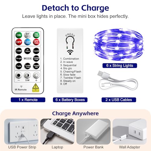 Image of 6 Pack Rechargeable Fairy Lights with Remote & DIY Timer, 7ft 20LED Dimmable Silver Wire String Light for Mason Jar, Mini Twinkle Lights for Indoor Christmas Bedroom Wedding Decor, Blue