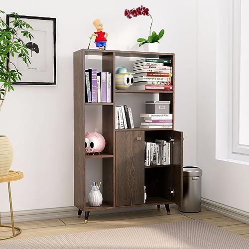 Image of Bniture Book Shelf Wooden for Home Book Rack Organizer Engineered Wood 2 Door & 5 Shelf Open Book Shelves Stand for Study Room Library Multipurpose Showcase Living Room Bedroom Office | Flower Wenge