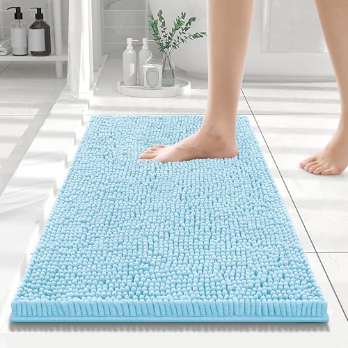 Smiry Luxury Chenille Bathroom Rugs 24x16, Extra Soft and Absorbent Shaggy Bath Mat, Machine Washable, Non-Slip Plush Carpet Runner for Tub, Shower, and Floor, Home Decor Accessories, Sky Blue