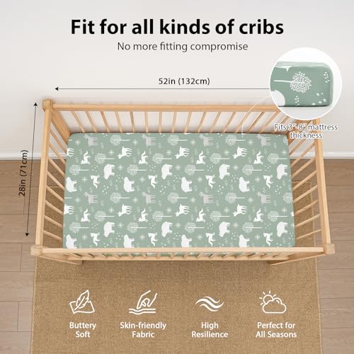 Baby Crib Sheets for Boys and Girls, 3 Pack Fitted Crib Sheets Neutral for 52”x28” Standard Crib and Toddler Mattresses, Ultra Soft & Silky Smooth Microfiber Green Forest Bear