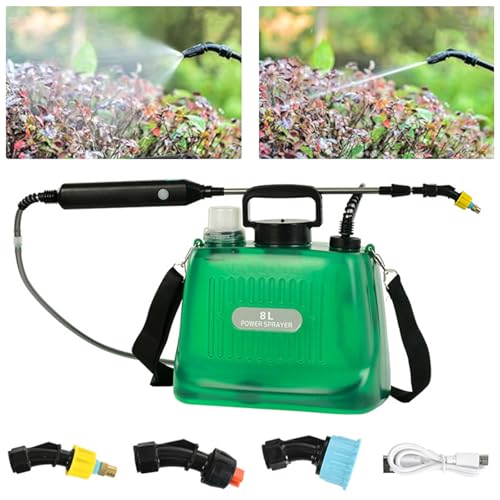 Pulverizador a presión de 8 l, pulverizador eléctrico de jardín con 3 boquillas de niebla ajustables, varilla retráctil, correa de hombro ajustable, batería pulverizadora a presión con mango de carga