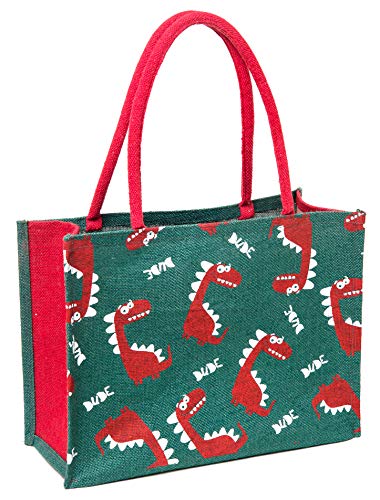 Image of H&B Jute Bag for Shopping - Printed Jute Bag | Shoulder Bag | Shoppers Tote | Jute Bag Big Size | Grocery Bag | eco Friendly Bags for Shopping - Cute & Quirky Collection (Cute Dino - Red)