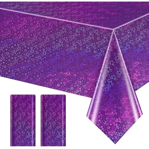 2 Pcs Purple Holographic Laser Tablecloths with Shimmering Stars Table Cover, 40 x 108 Disposable Shiny Table Cloth with Sparkling Stars for Birthday Party, Wedding, Anniversary, Bachelorette Cover