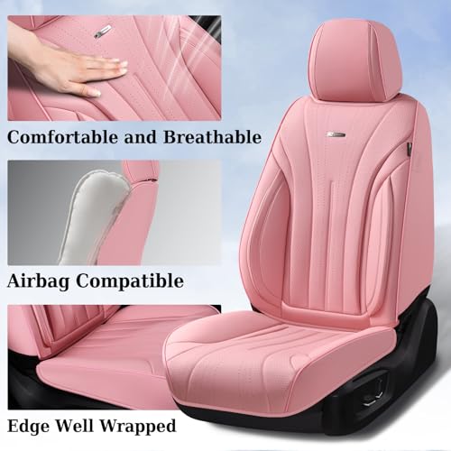 Image of Coverado Pink Seat Covers for Cars, 2 Pack Leather Car Seat Covers, Luxury Waterproof Seat Covers, Front Car Seat Protectors, Driver Car Seat Cushions, Front Seat Covers Universal Fit for Most Cars